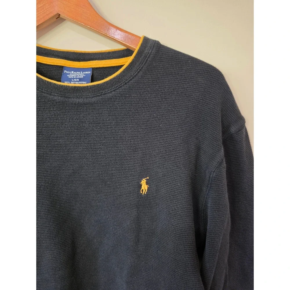 Polo Ralph Lauren Thermal Shirt Mens L Black Waffle Knit Yellow Trim Pony Logo